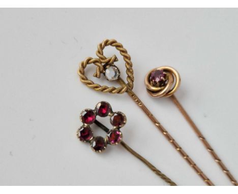 Three Victorian Gold Stick Pins Heart Shaped Ruby Set Knot And Early Flat Cut Garnet