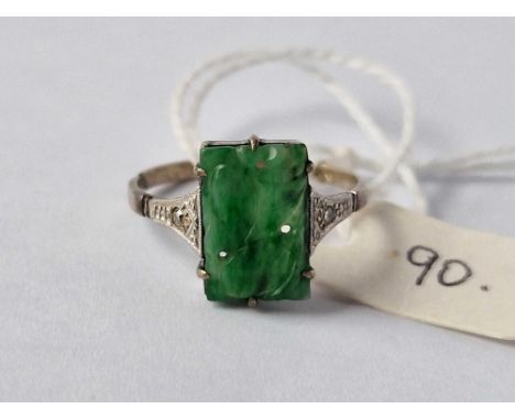 A 9Ct And Platinum Diamond And Jade Ring Size P Split Shank