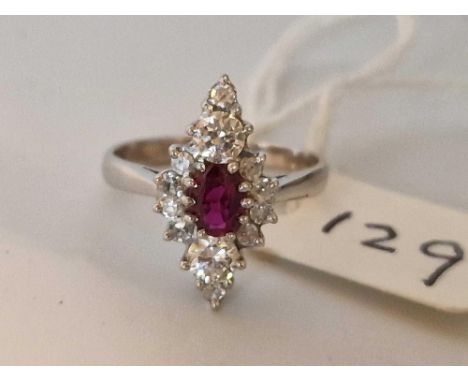 Vintage 18Ct Hallmarked White Gold Marquise Ruby &amp; Diamond Set Ring, Size K