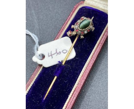 A Rare Cats Eye Chrysoberyl Antique Pearl And Garnet Tortoise Stick Pin In Gold And Silver Top