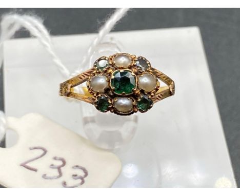 A Victorian Emerald And Real Pearl Cluster Ring With Full Engraving On Band, Size K