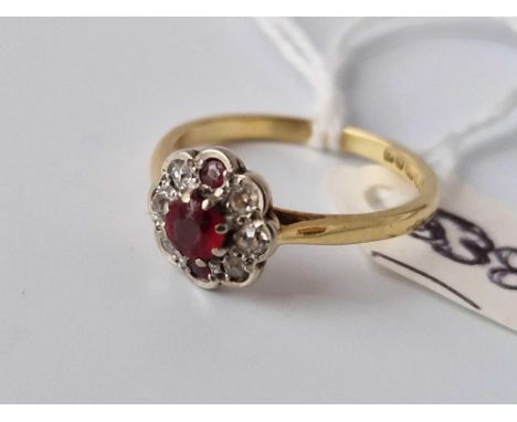 A Ruby And Diamond Cluster Ring 18Ct Gold Size O 3 Gms