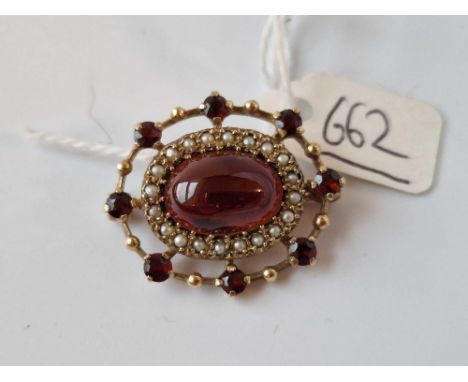 A Cabochon Garnet And Pearl Brooch, 9Ct, 6.2 G.