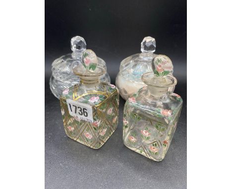 Pair Of Glass And Enamel Square Scent Bottles And Stoppers And Two Jars And Covers