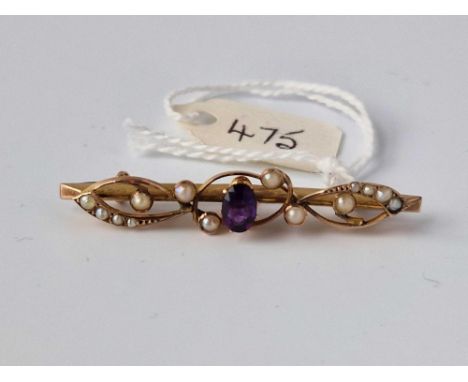 A Amethyst Pearl Brooch 9Ct 2.2 Gms