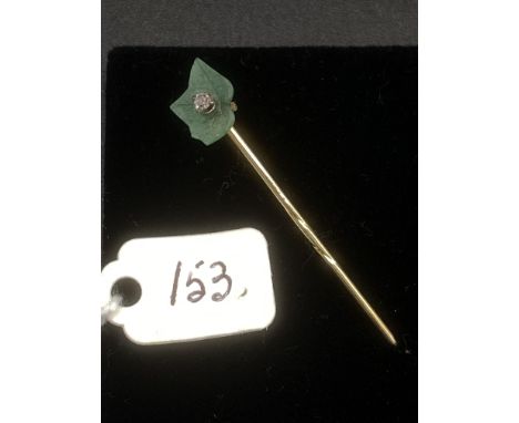 A Antique Jade And Diamond Leaf Stick Pin With Screw Top Set In High Carat