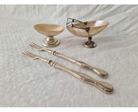 A Pair Of Silver Handled Pickle Fork And Two Mop Silver Mounted Pin Baskets