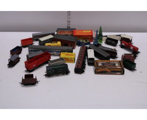A box of vintage Hornby and Triang 00 gauge accessories 