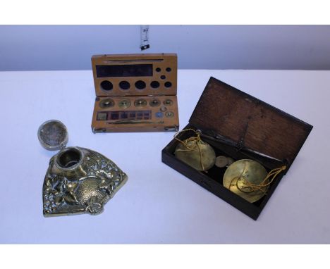 Two sets of vintage scales and weights plus a Art Noveau period brass inkwell 