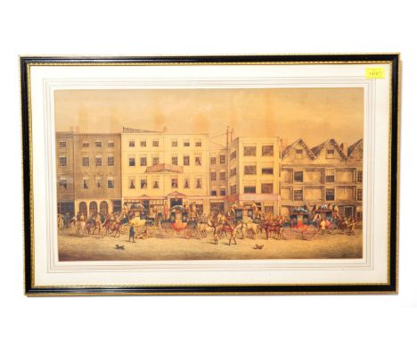 A late 19th century Victorian pastel and watercolour painting depicting an earlier 18th Century street scene Depicting the Bu