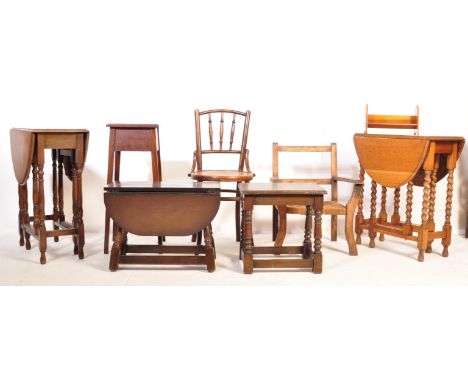 A collection of furniture to include 1920's Jacobean revival side table, bentwood Thonet style cafe chair, oak 1920's torcher