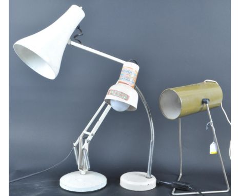 Mid century chrome and green spot angle lamp / light. Chrome a-frame with green cylinder shade. Together with a white Herbert