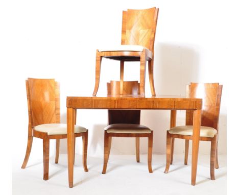 A 1930s Art Deco dining room suite table and chairs in the manner of Epstein. The table being constructed from walnut burr ve