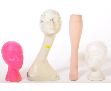 A 20th century retro shop mannequin head with elongated neck together with a foot and leg, plastic mould bust and a polystyre