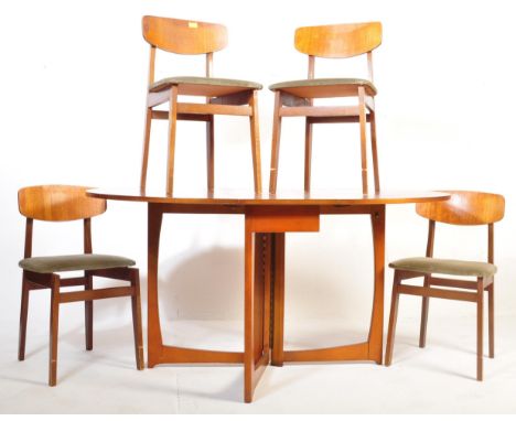A set of four vintage retro mid 20th century Danish inspired teak wood frame dining chairs and space saver drop leaf teak din