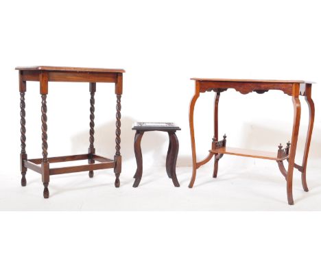 An assortment of three 20th century console side tables to include a 1930s oak hall table with barley twist legs over periphe