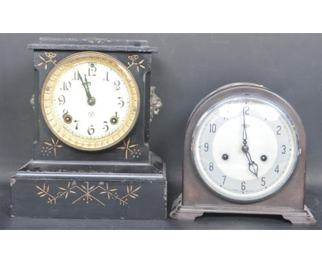A 19th century Ansonia 8 day mantel clock in metal case with gilt chased decoration, brass movement within. Together with a 1