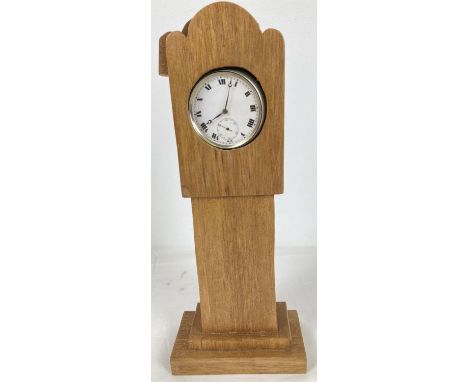 A vintage handmade wooden watch stand in the shape of a long cased clock. Together with a vintage metal cased pocket watch wi