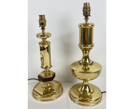 2 vintage heavy brass lamp bases, one with dark wood detail. Tallest approx. 43cm to top of fixing. 