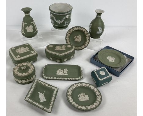 A collection of assorted green &amp; white Wedgwood jasper ware ceramics. To include: pin dishes, lidded trinket pots, bud va