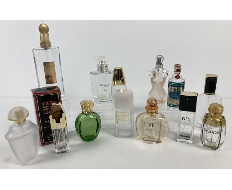 13 empty perfume bottles. To include: Channel No. 5, Dune by Christian Dior, Ysatis by Givenchy, Shalimar by Guerlain, Paris 