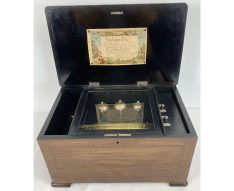 A late 19th century Swiss Timbres en Vue "3 Bells in Sight" cylinder musical box. Playing 8 airs as listed on the original tu