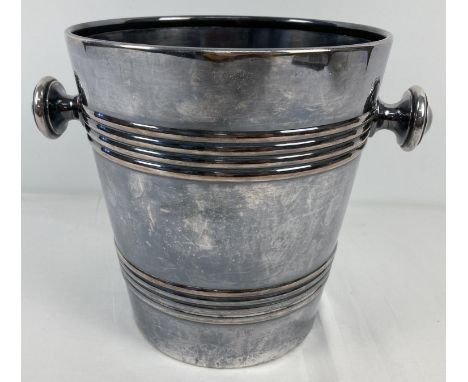 A vintage Mappin &amp; Webb silver plated 2 handled champagne bucket. Marked to underside. Approx. 21cm tall x 20cm diameter.