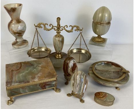 A collection of vintage onyx and brass desk items &amp; ornaments. To include: egg shaped Japanese Siwo table lighter, Italia