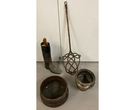 4 antique items. A leather boot (a/f) on a wooden boot last with slide out handle, a silver plated two handled urn, a wooden 