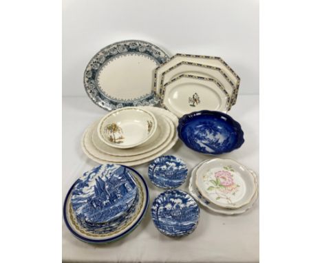 A box of assorted vintage ceramics to include meat platters, bowls and plates. Lot includes a quantity of Myott blue &amp; wh