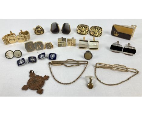 A collection of men's vintage cufflinks, tiepins, belt buckle and medal. To include gold tone and stone set examples and enam