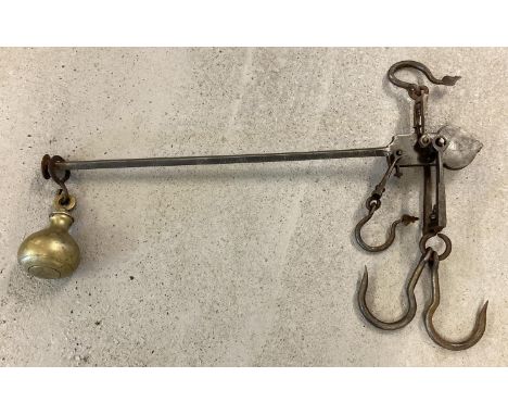 An antique W &amp; T Avery Imperial 300 butchers balance beam scale with brass weight. Approx. 83cm long. 