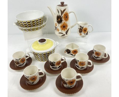 A retro Shorter &amp; sons 6 setting coffee set with brown floral design (1 cup handle a/f). Together with 3 retro pieces of 