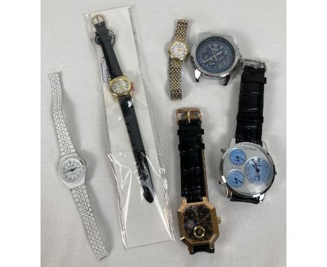 A tub of 6 assorted men's &amp; ladies wristwatches for spares or repair. One in as new condition. 