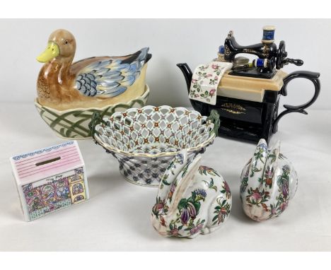 A collection of assorted vintage ceramics to include Wedgwood Toy Shop money box. Together with a novelty teapot in the shape