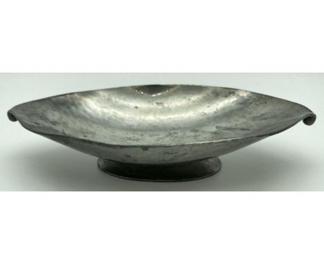 An Arts &amp; Crafts Just Andersen Danish Pewter oval footed dish with ball shaped finial detail. Stamped to underside with m