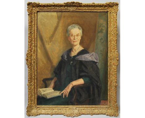 Patrick Edward Philips, British 1907-1976- Portrait of Miss Mary Atkinson MA; oil on canvas, signed, bears label for Royal So