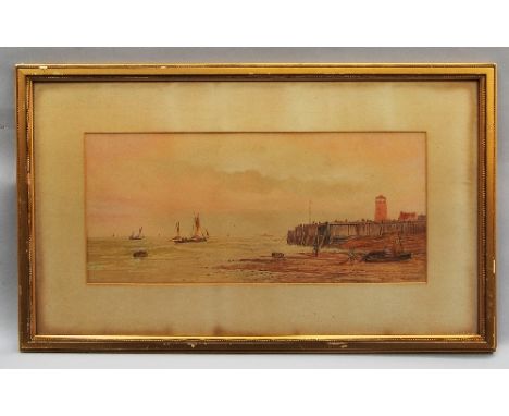D Watts, British, early 20th century- Shipping off the harbour, watercolour, signed and dated 09, 24x54.5cm: H.W. Reilly, Bri