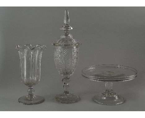 A glass tazza, late 18th/early 19th century, on a writhen pedestal stem and domed base, 24cm diameter, together with a Victor