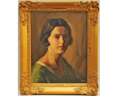 British School, early-mid 20th century- Portrait of a lady, quarter-length in a green dress; oil on canvas, signed with monog