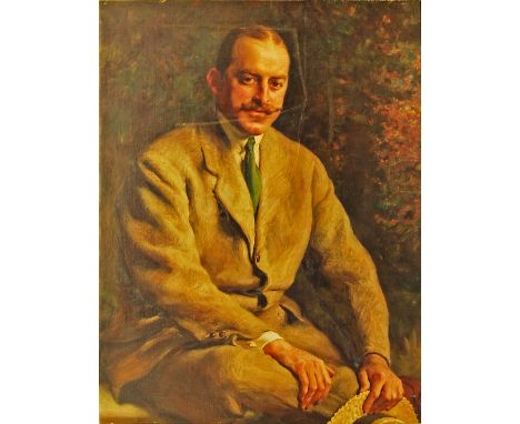 European School, early-mid 20th century- Portrait of a seated gentleman, holding a straw hat; oil on canvas, 102x77cm: togeth