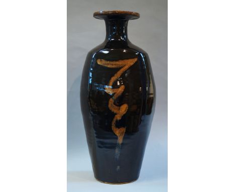 David Andrew Leach, British, 1911-2005, a tall vase, decorated in tenmoku glazes, with stylised cursive script to body, seal 