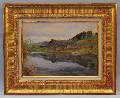 Manner of Nikolai Mikhailovich Romadin- River scene with woodland and cottages; oil on board, bears signature and date, in a 