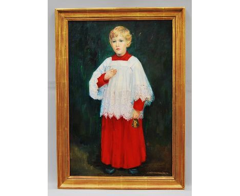 Monique J Cartier-Bresson, French 1930-2010- Portrait of a choir boy standing full-length; oil on canvas, signed and dated 75