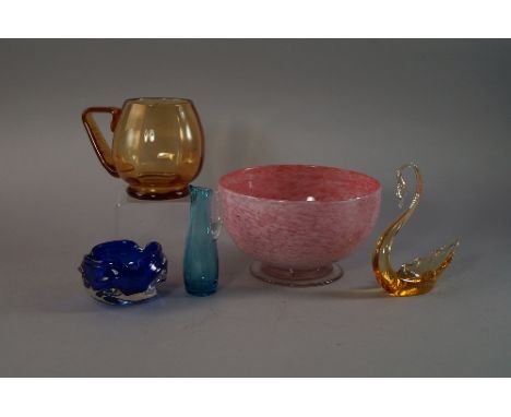 A Monart glass fruit bowl, 20th century, with pedestal foot, blown in speckled pink and white glass, 12cm high, together with