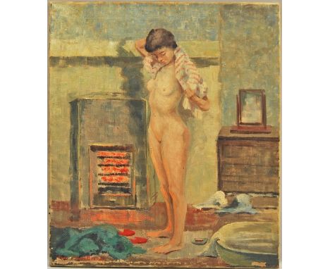 John Wynne-Morgan, British 1906-1991- Nude woman standing, drying herself; oil on canvas, signed, 76.1x63.5cm, (may be subjec