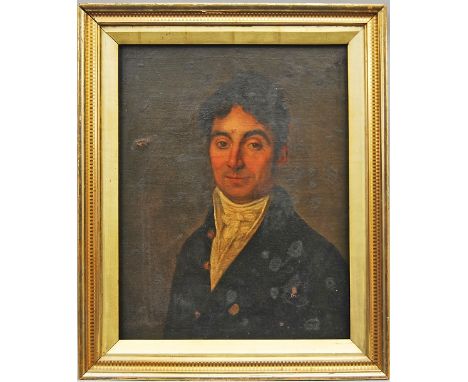 French Provincial School, early 19th century- Portrait of a gentleman, quarter-length in a black coat and white stock; oil on