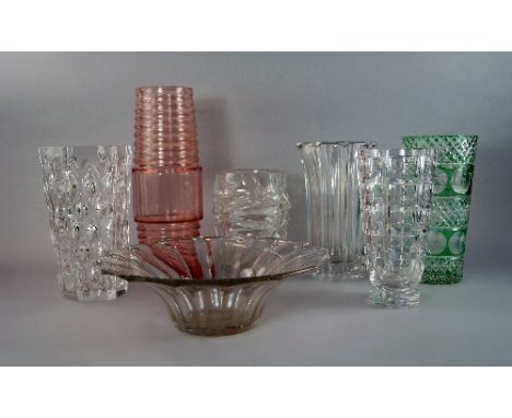 An Orrefors clear glass moulded vase, 20th century, of hexagonal form, with faceted flat sections, signed to base, 25cm high,