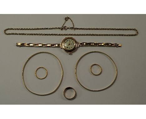 A collection of gold jewellery to include a 9ct rose gold cased Omega ladies wrist watch, white enamel face with black Roman 