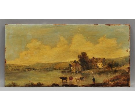 British School, mid-late 19th century- Cattle watering in a highland loch and figures in a boat with a castle in a highland r